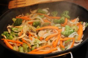 pork stir fry vegetables in pan